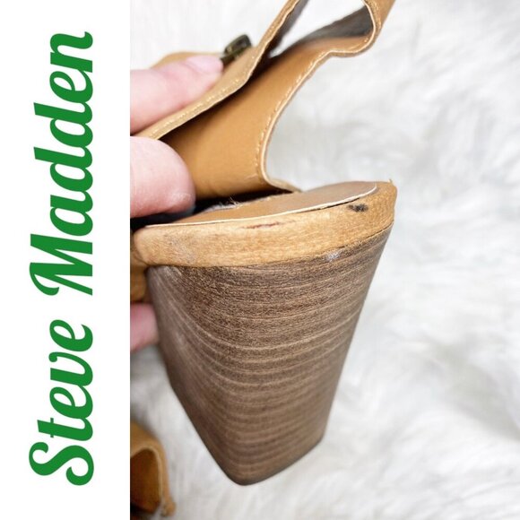STEVE MADDEN MINGLE TAN LEATHER OPEN TOE OPEN HEEL BLOCK HEEL BOOTIE, SIZE 8 - Picture 11 of 13
